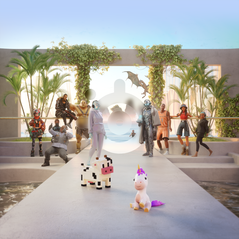 An eclectic group of gaming characters stand on an epic stone outdoor entryway with transparent SteelSeries logo in the middle.