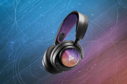 An Arctis Nova Pro headset with a Celestial clad Destiny booster pack on.