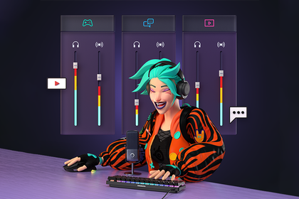 Animated girl streaming at her desk with Sonar settings in the background.